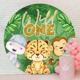 Aperturee - Green Leaves And Animals Round Birthday Backdrop